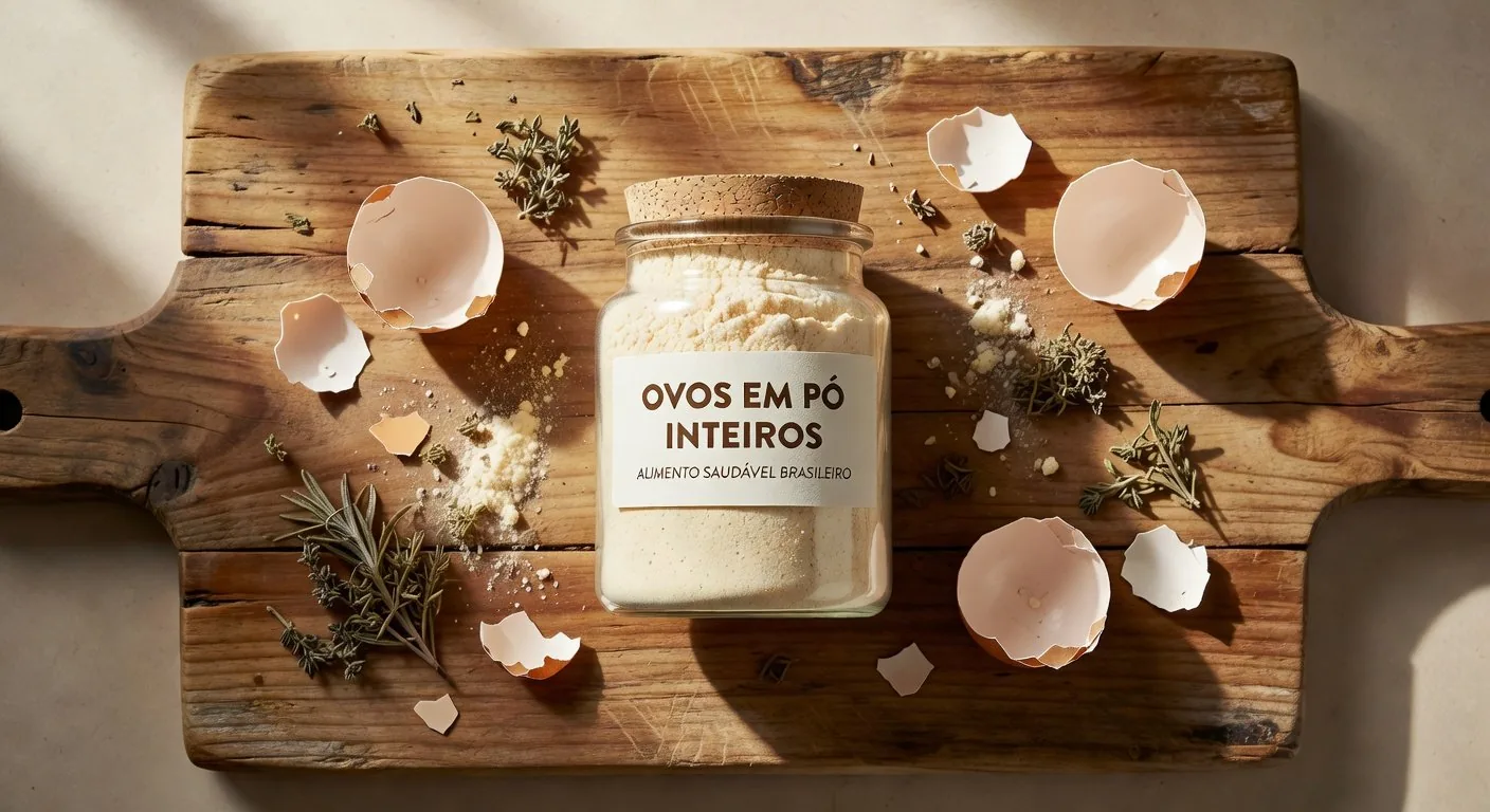 Pote de Ovo em Pó Integral Naturovos sobre tábua de madeira