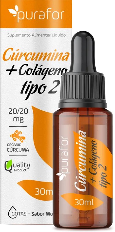Curcumina com Colageno Tipo II em Gotas 30ml Purafor