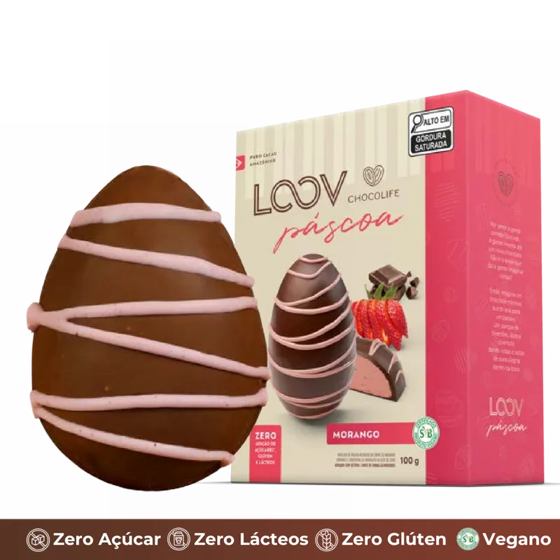 Ovo Morango Crocante Meia Banda Recheado 100g Sem: Açúcar, Leite e Gluten ChocoLife