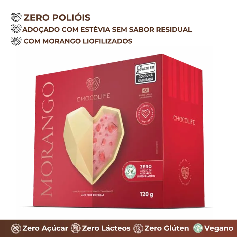 Coração Morango Zero Poliol 120g Sem: Açúcar, Leite e Glúten Chocolife