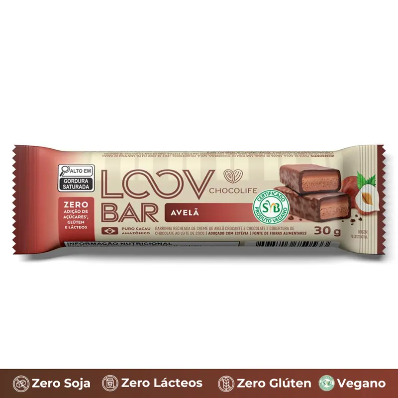 Barrinha LoovBar Avelã 30g Zero: Açúcar, Leite e Glúten Chocolife