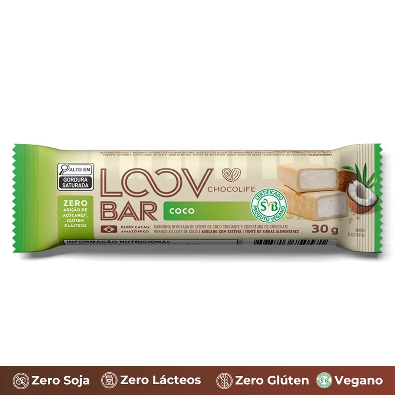 Barrinha LoovBar Coco 30g Zero: Açúcar, Leite e Glúten Chocolife