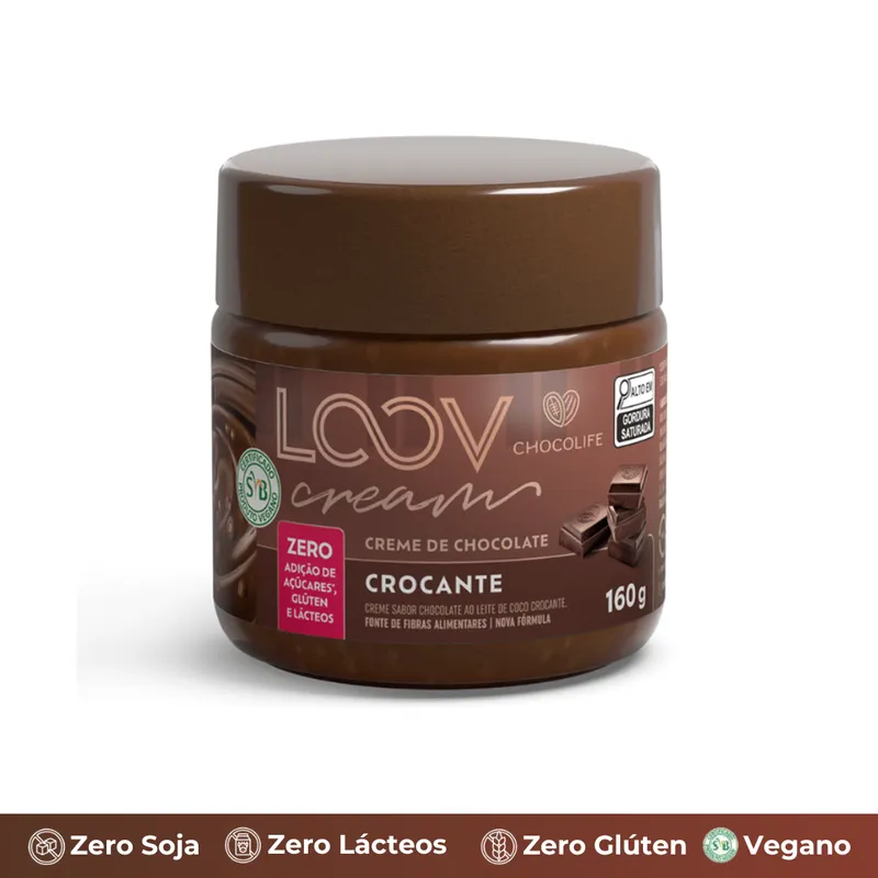Creme Loov Chocolate Crocante Zero: Açúcar, Leite e Glúten 160g Chocolife