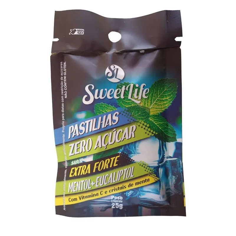 Pastilha Zero Açúcar Vit C e Cristais de Menta Sachê Abre Facil 25g Sweet Life