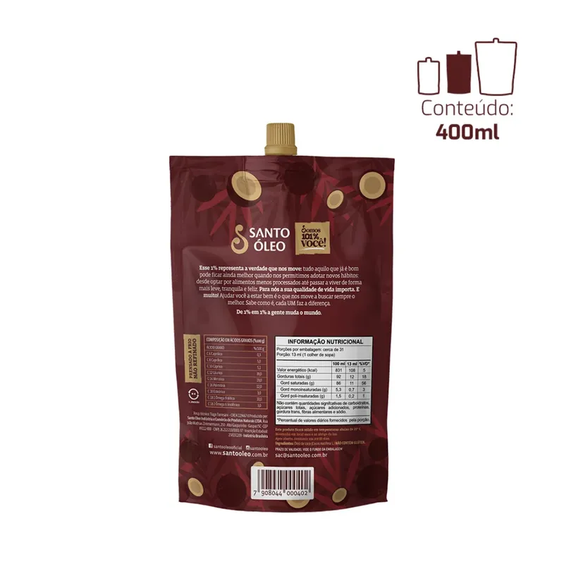 Oleo de Coco Extravirgem Película pouch 400ml Santo Óleo